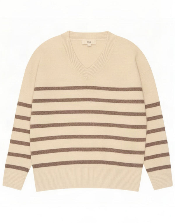 Marks & Spencer Dame V-hals sweater UK 14 Medium Beige Stribet