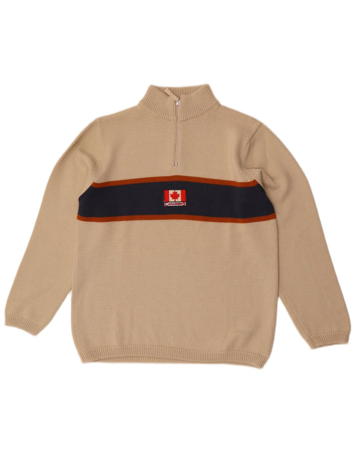 CANADIENS Herre Zip Neck Jumper Sweater XL Beige Colourblock Uld