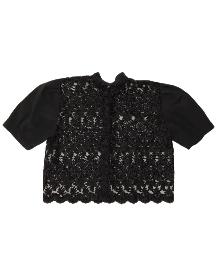 Vintage Dame Crop Se Gennem Shirt Bluse UK 14 Medium Black Floral