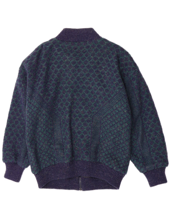 Vintage Herre Strik Bomber Jacket UK 38 Medium Blue Geometric Acryl Retro