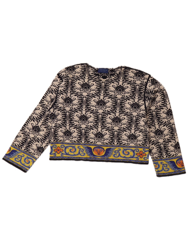 Vintage Dame Crop Langærmet Bluse Top UK 14 Medium Off White Paisley