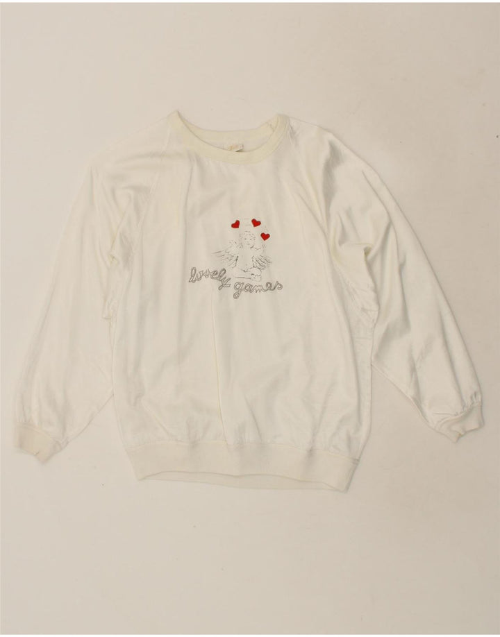 VINTAGE Womens Graphic Sweatshirt Jumper  EU 32 Medium White Viscose Vintage Vintage and Second-Hand Vintage from Messina Hembry 