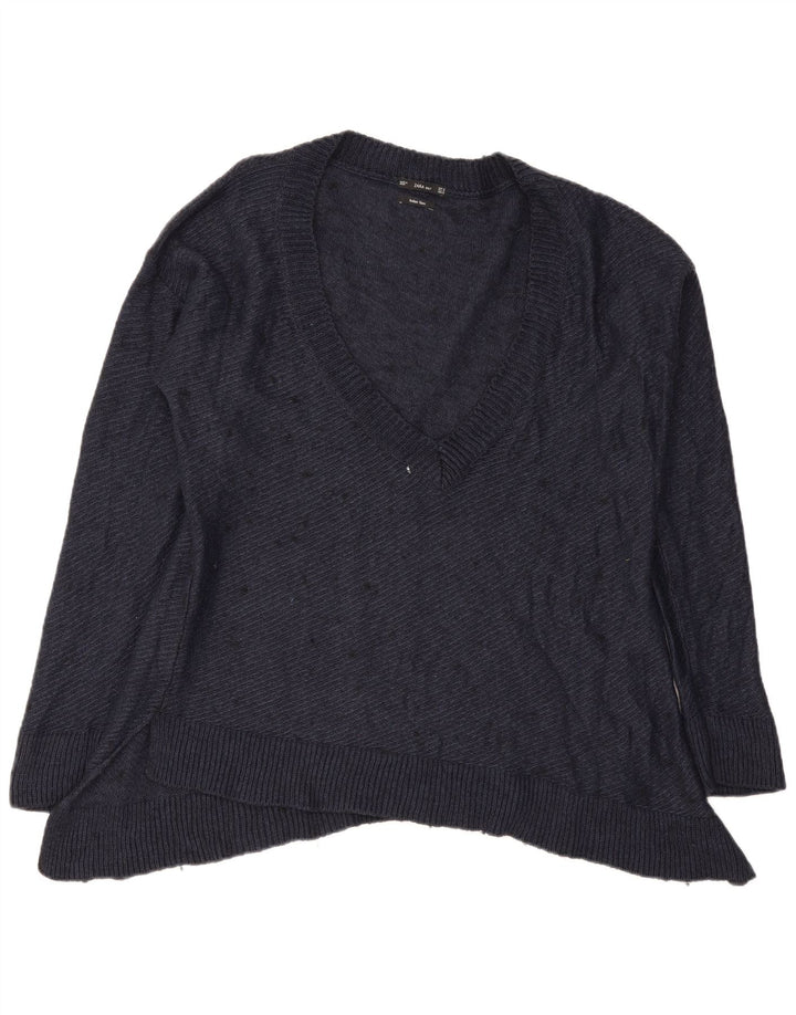 Zara Dame Oversized V-hals sweater UK 14 Medium Navy Blue Flecked