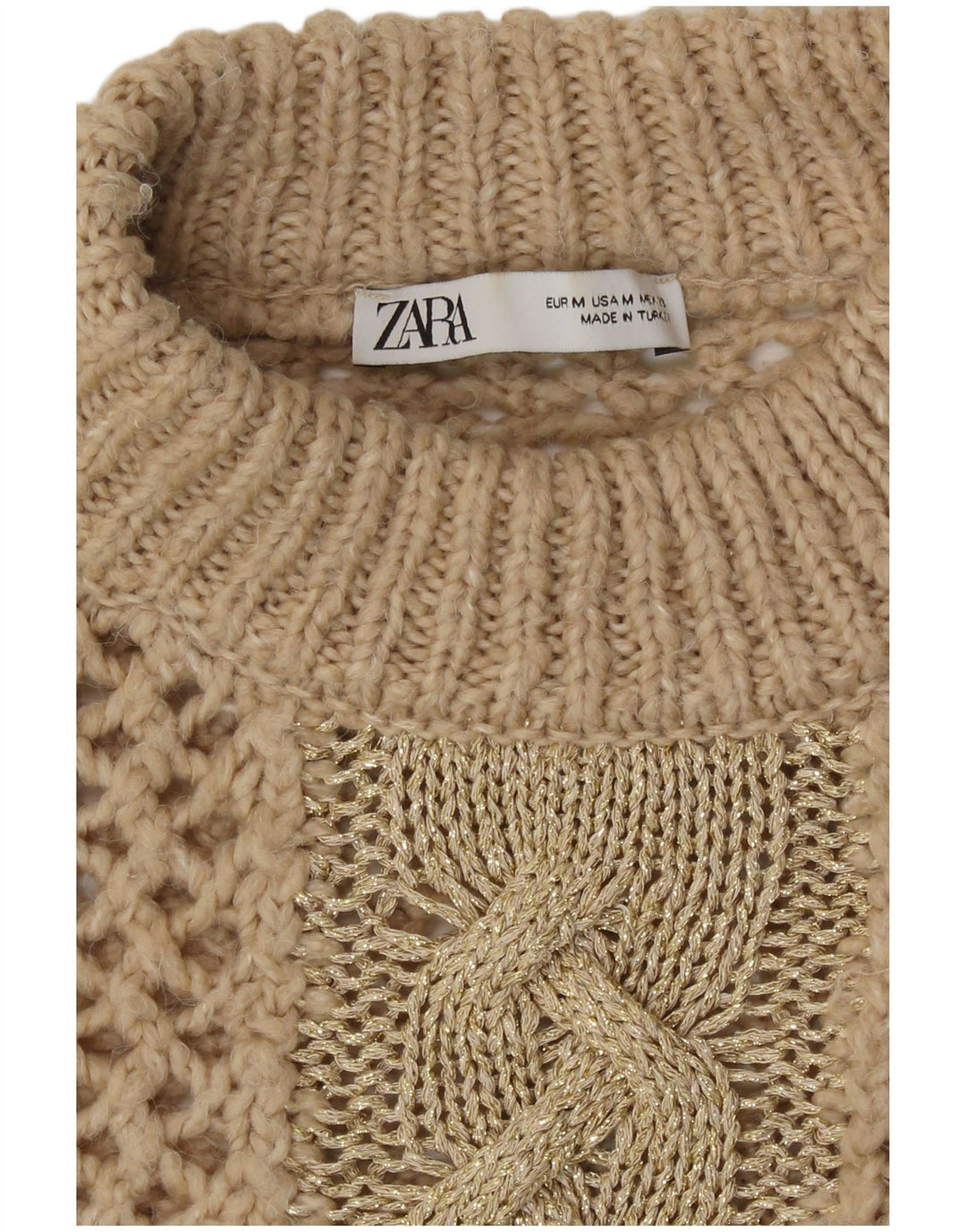 Zara Dame Hæklet Turtle Neck Jumper Sweater UK 14 Medium Beige