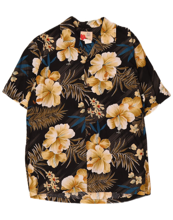 Vintage Kortærmet Herreskjorte Stor Sort Blomsterbomuld Hawaiiansk
