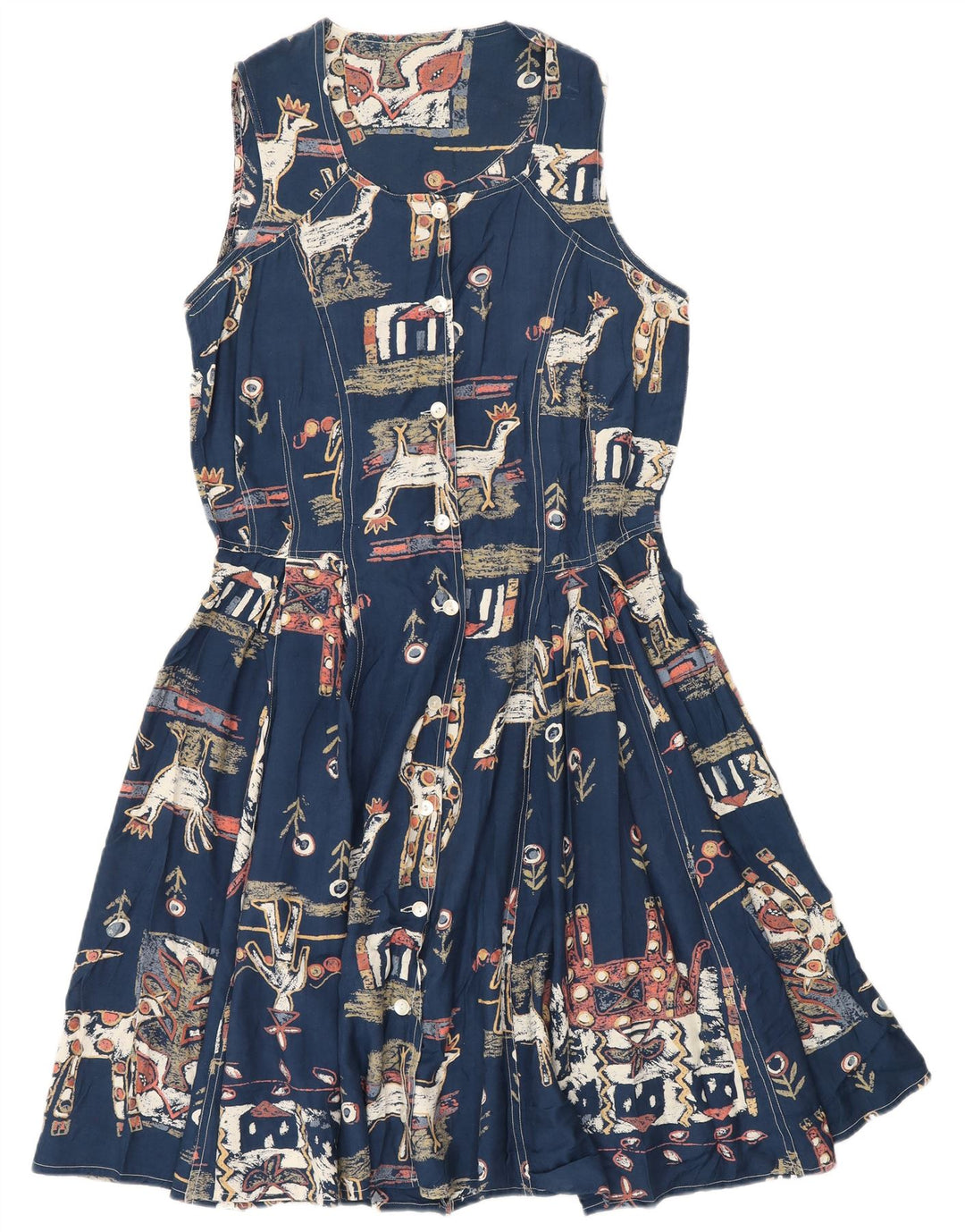 Vintage kvinders abstrakt mønster A-line kjole UK 12 Medium Navy Blue