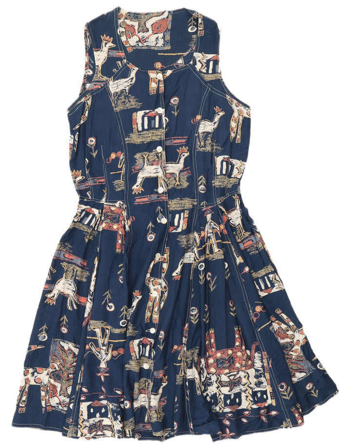 Vintage kvinders abstrakt mønster A-line kjole UK 12 Medium Navy Blue