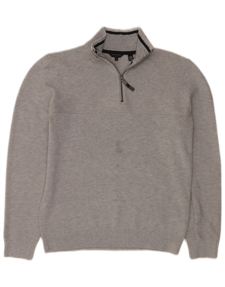 Ted Baker Herre Zip Neck Jumper Sweater Størrelse 3 Medium Grå Polyester