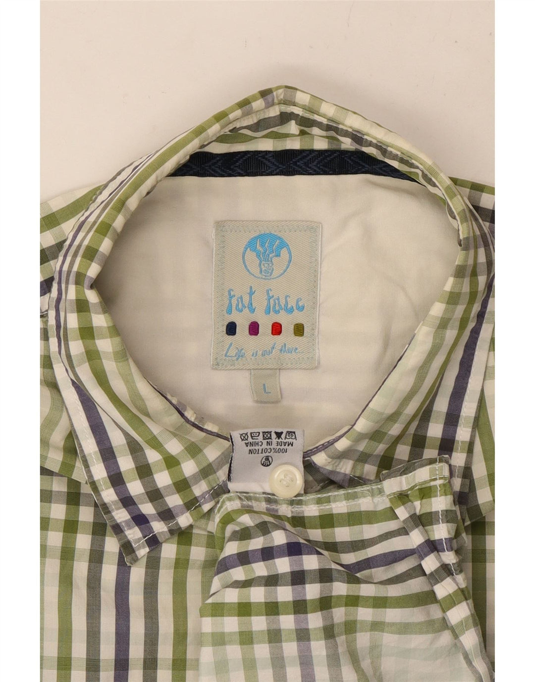 FAT FACE Kortærmet herreskjorte Stor grøn ternet bomuld