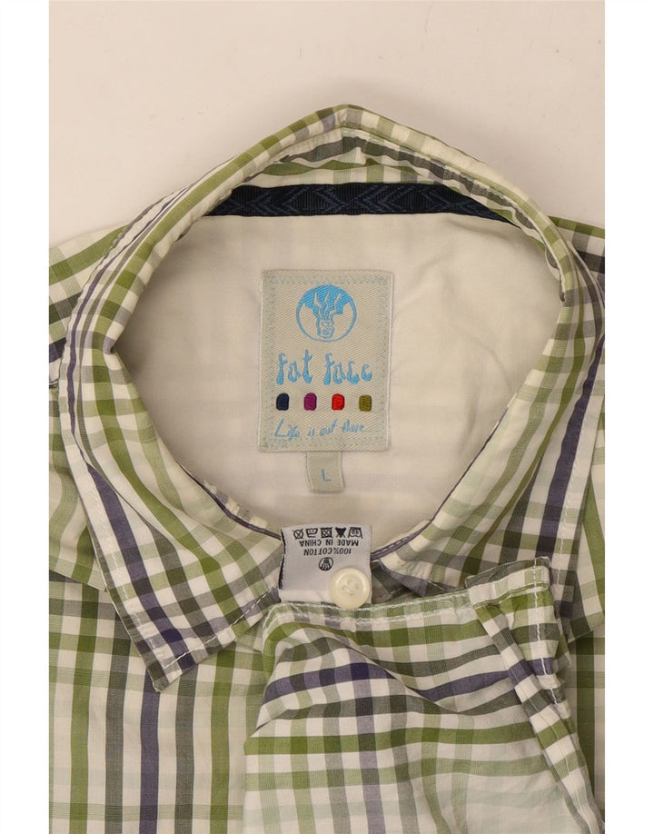 FAT FACE Kortærmet herreskjorte Stor grøn ternet bomuld