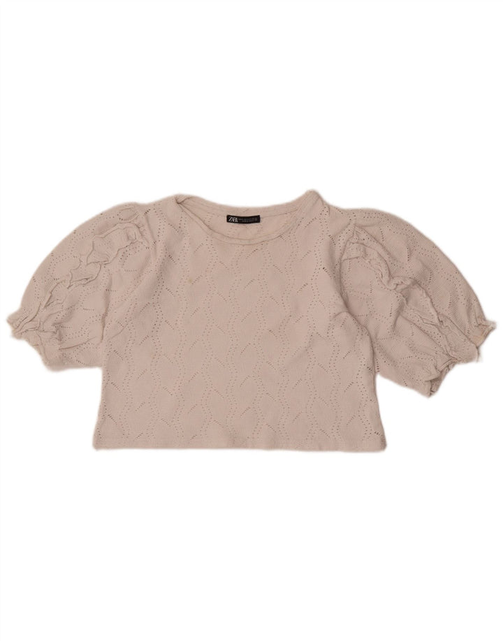 Zara Womens Crop Bluse Top UK 12 Medium White Bomuld
