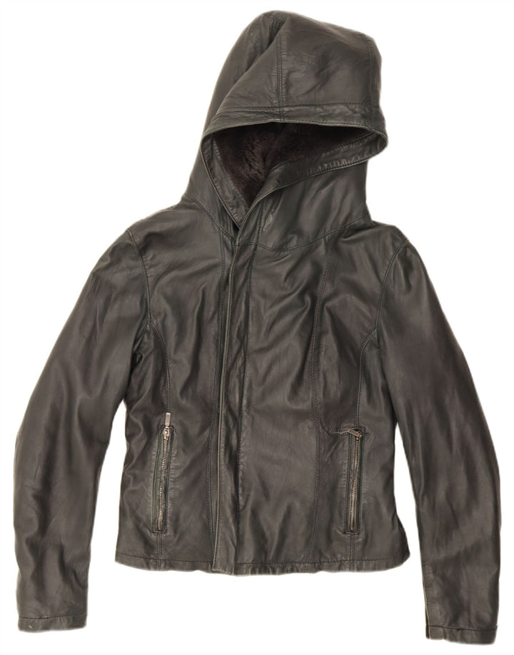 XETRA Dame Crop Hætte Læderjakke UK 12 Medium Sort