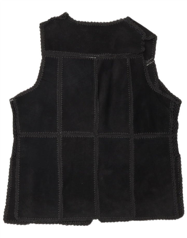 Vintage dame ruskind Gilet UK 16 Large Black Patchwork