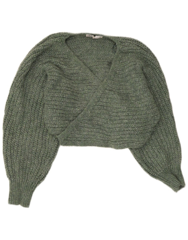 Zara Womens Crop Wrap Cardigan Sweater UK 16 Large Green Flecked Acryl