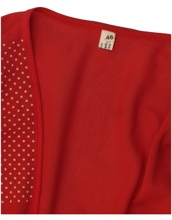 Vintage Dame Front Tie Cardigan Top IT 46 Stor Rød Plettet Triacetat