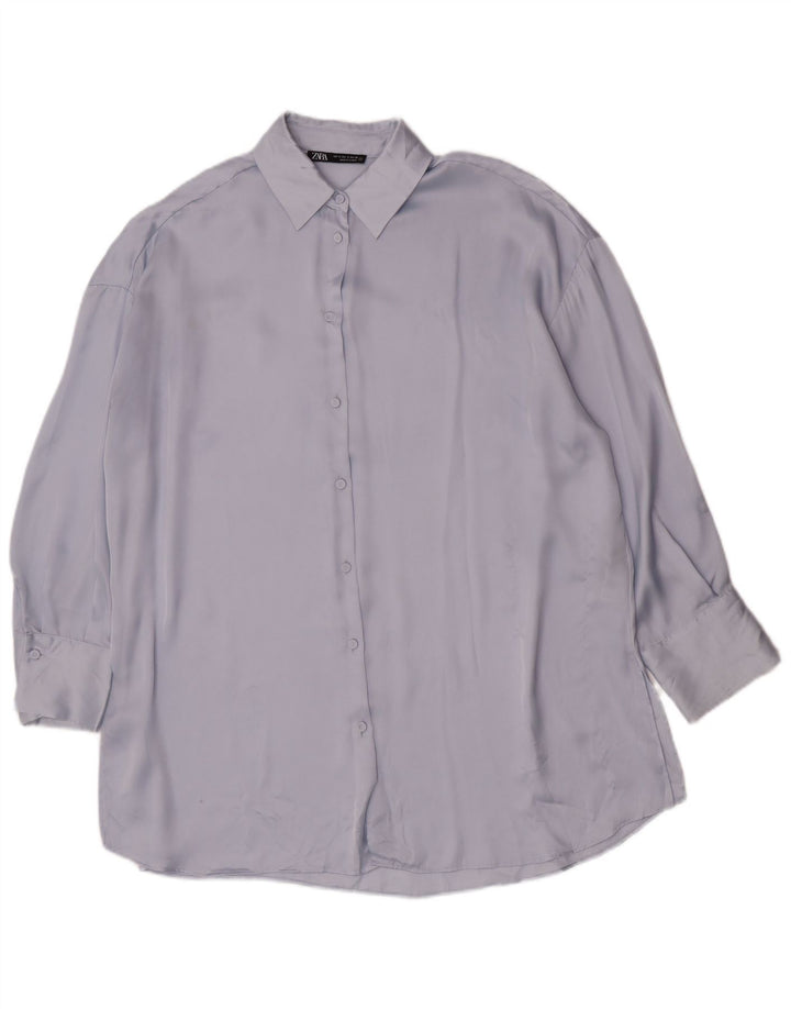 Zara Oversized skjortebluse til kvinder UK 10 Lille blå polyester