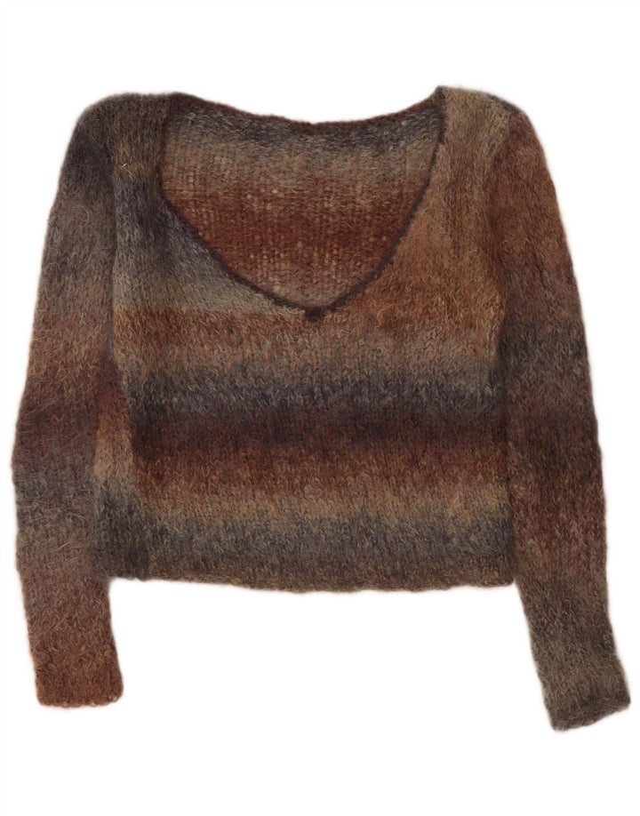 Vintage Dame V-hals Jumper Sweater UK 14 Medium Flerfarvet Stribet