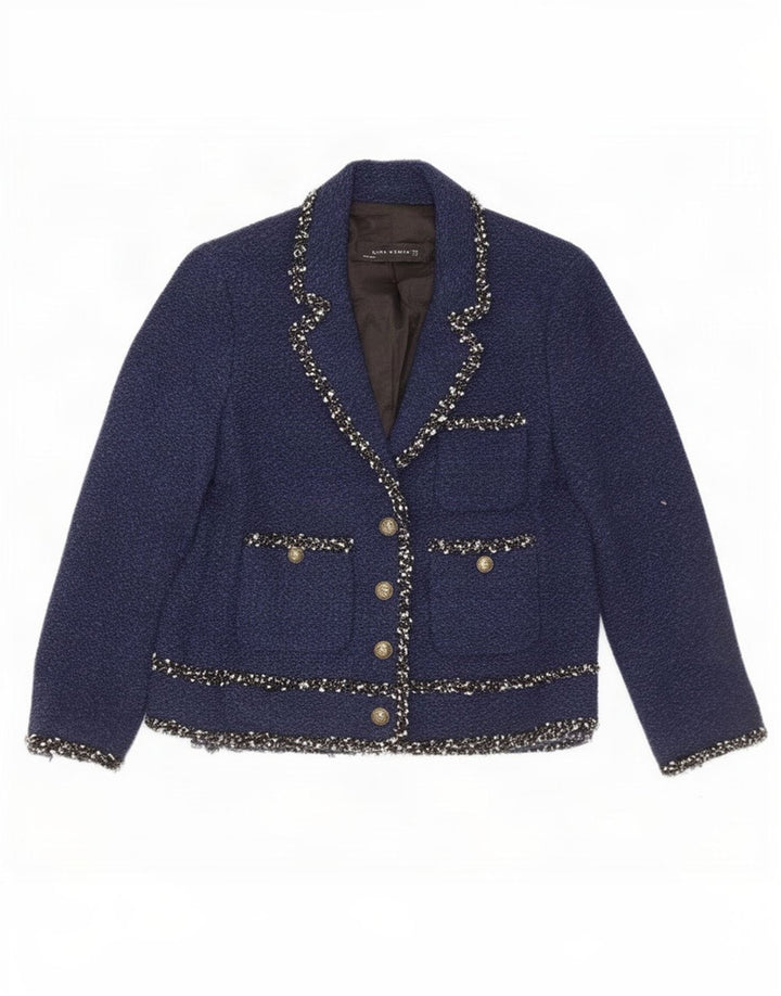 Zara damejakke med 3/4 ærmer 4 knaps blazerjakke UK 12 medium marineblå