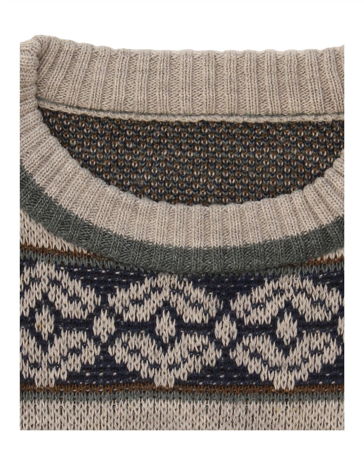 VINTAGE Mens Crew Neck Jumper Sweater Large Grey Fair Isle Vintage Vintage and Second-Hand Vintage from Messina Hembry 