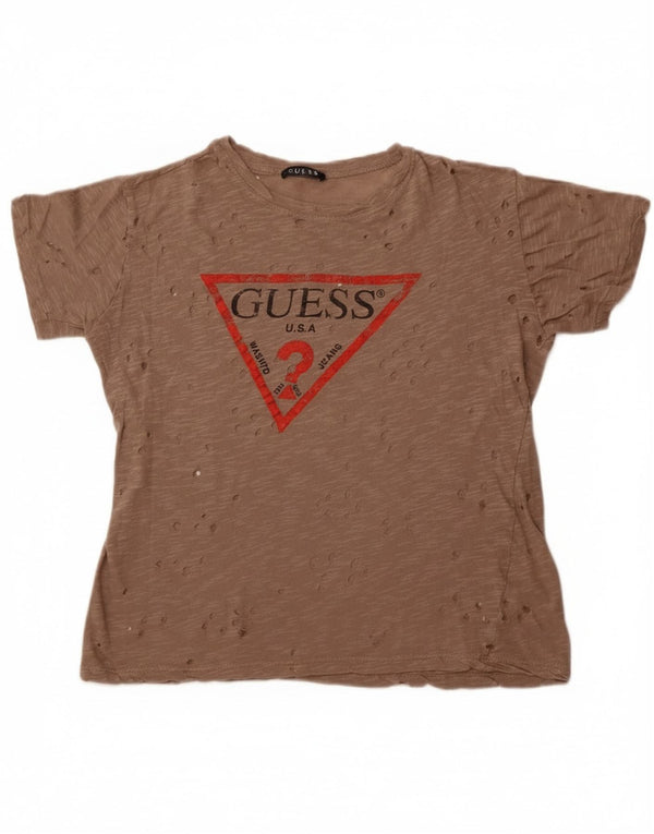 Guess Womens Perforeret grafisk T-shirt Top UK 14 Medium Brun