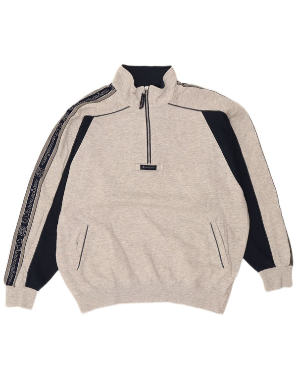 Champion Mens Graphic Zip Neck Sweatshirt Jumper Large Grey Colourblock