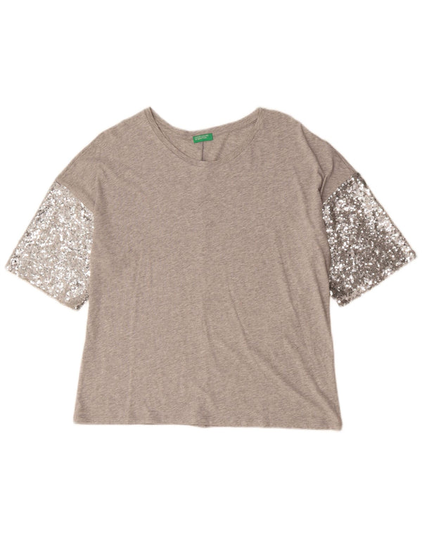 Benetton Dame T-Shirt Top UK 14 Stor Grå Flecked Modal