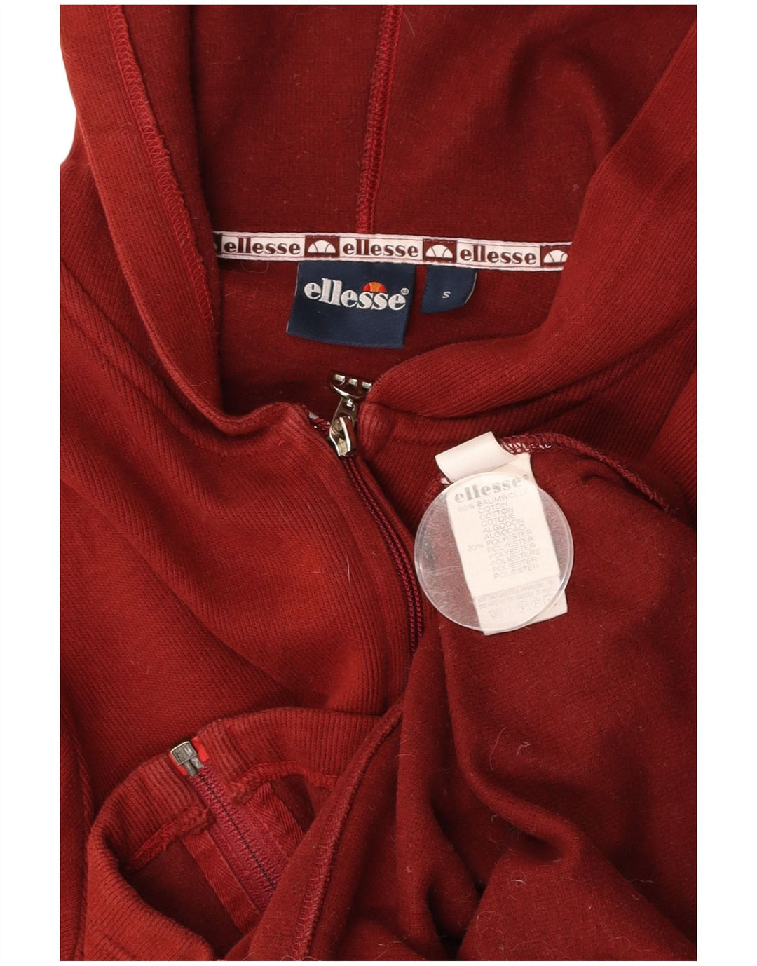 ELLESSE Mens Zip Hoodie Sweater Small Burgundy Cotton
