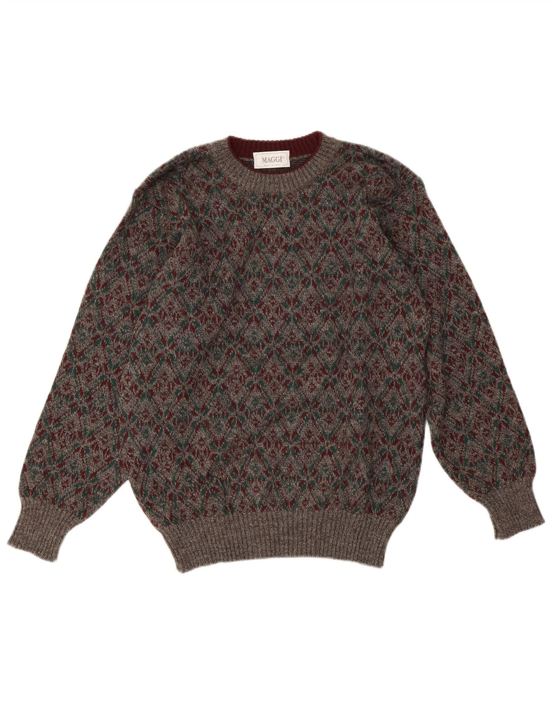 Vintage herre sweater med rund hals, mellemgrå geometrisk uld