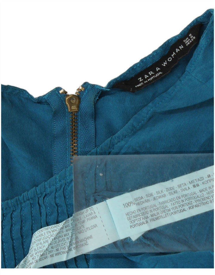 Zara Dame Bluse Top UK 10 Small Blue Silk