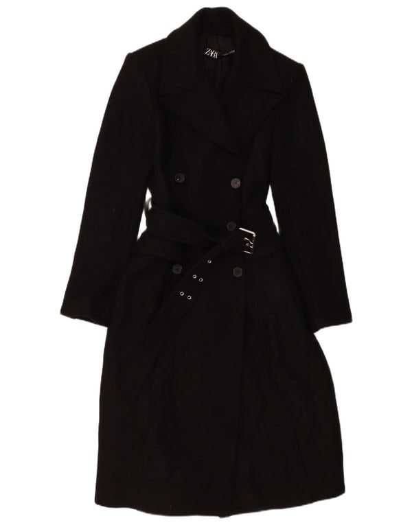 Zara Womens Double Breasted Coat UK 10 Small Black Wool