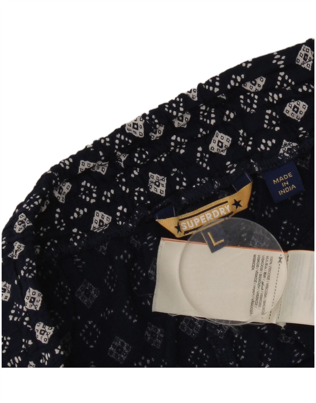 Superdry Hot Pants til kvinder store W32 marineblå geometrisk viskose