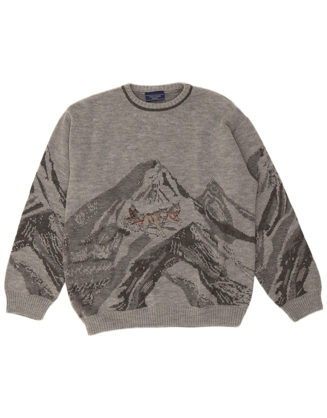 Vintage Herre grafisk rund hals sweater stor grå polyakryl