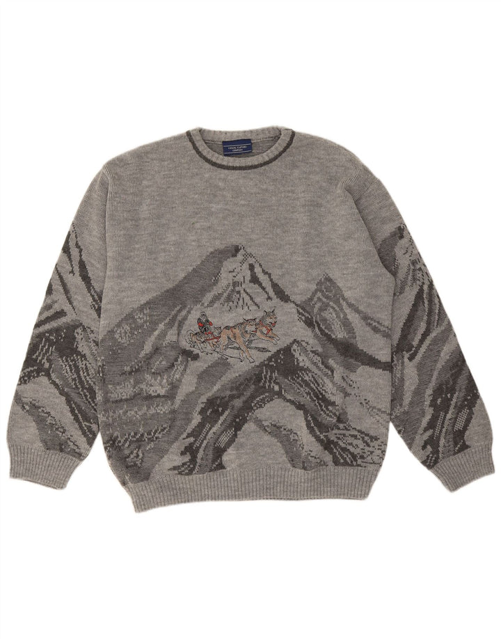 Vintage Herre grafisk rund hals sweater stor grå polyakryl