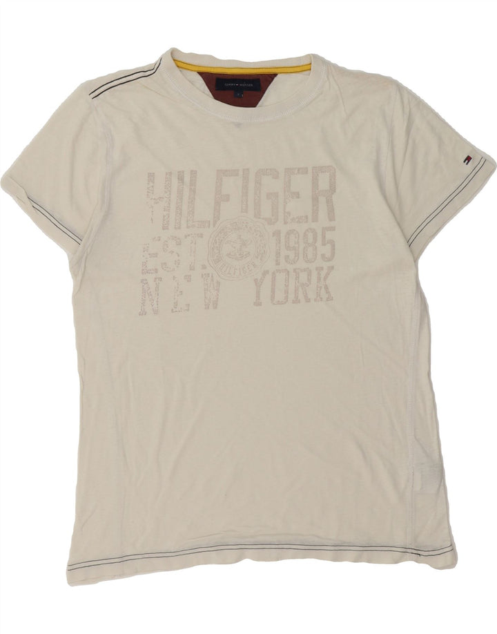 TOMMY HILFIGER Mens Graphic T-Shirt Top Small White Cotton Vintage Tommy Hilfiger and Second-Hand Tommy Hilfiger from Messina Hembry 