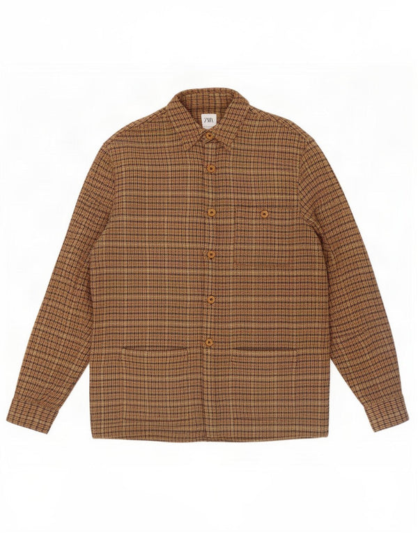 Zara Mens Overshirt Relaxed Fit Flannel Shirt Medium Brown Houndstooth