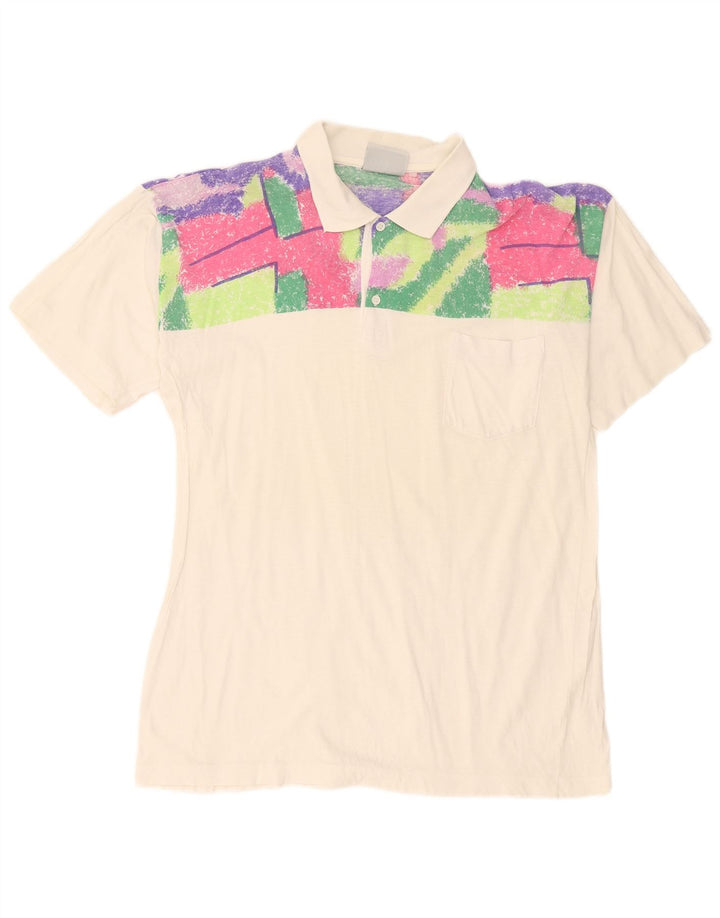 Vintage herre poloshirt Medium hvid geometrisk
