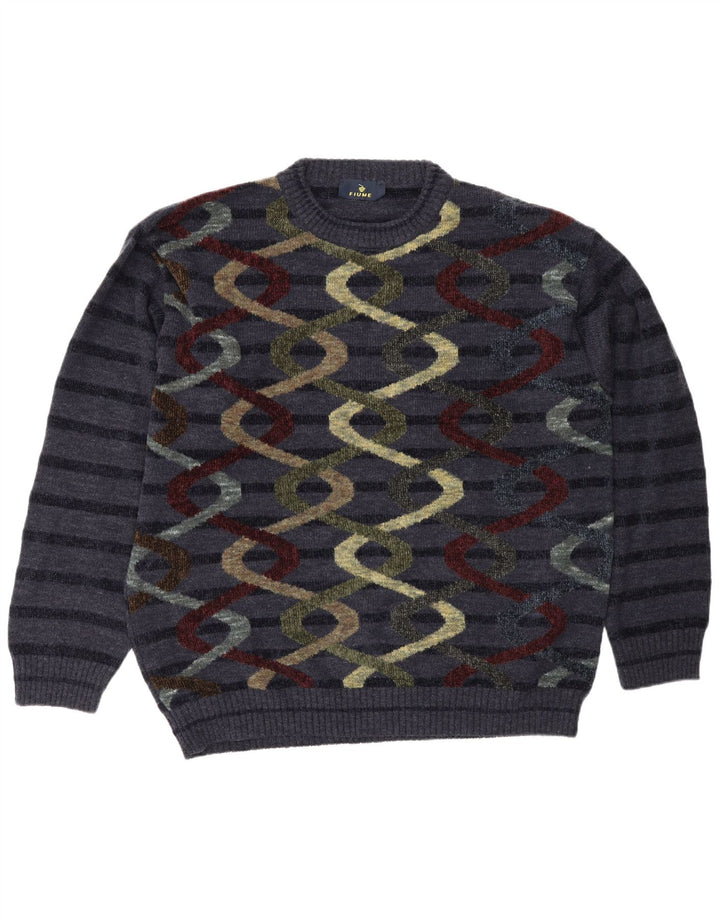 Fiume Herre abstrakt mønster rund hals sweater XL marineblå stribet