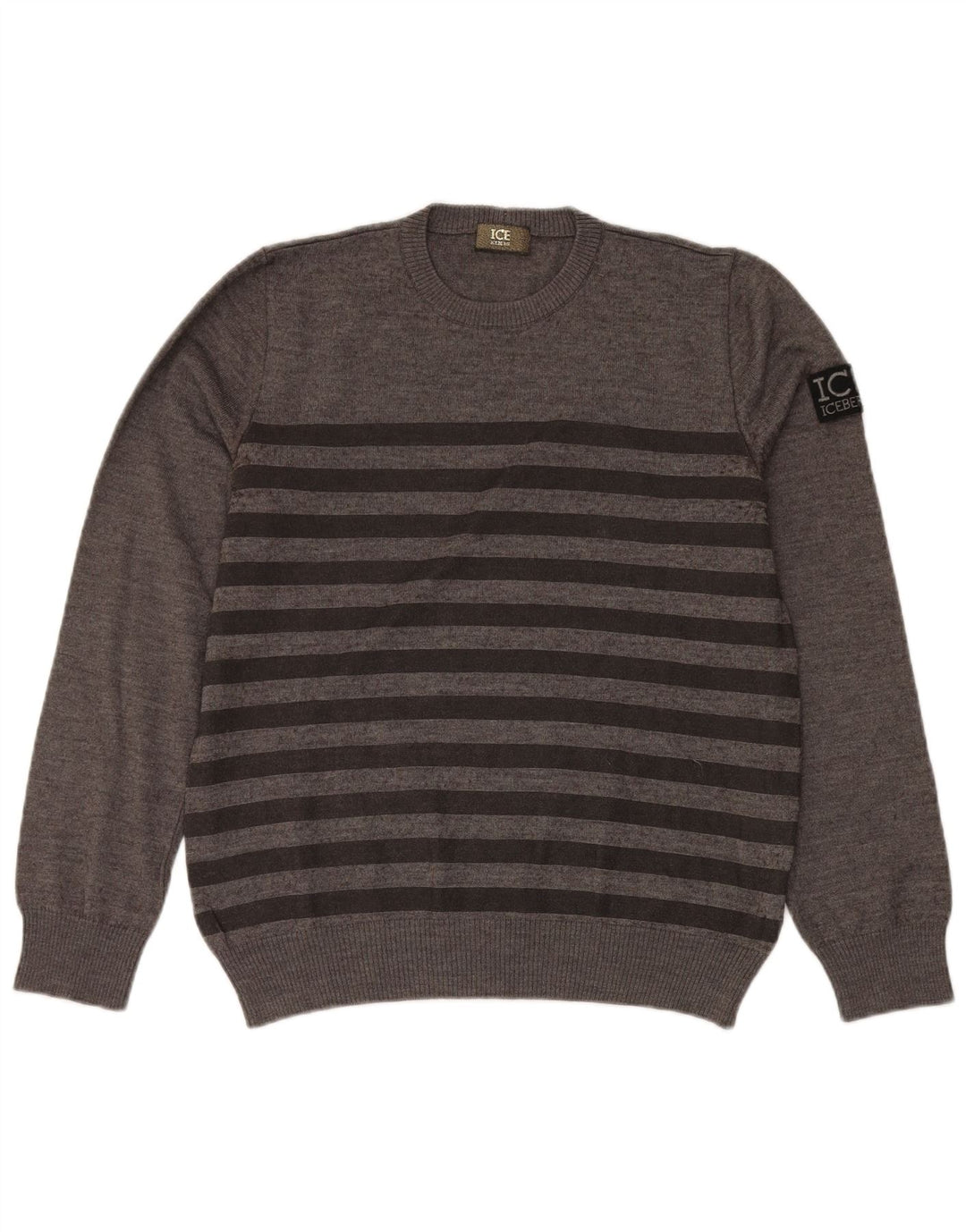 Iceberg Dame Crew Neck Jumper Sweater UK 16 Stor grå stribet uld