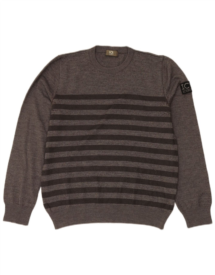 Iceberg Dame Crew Neck Jumper Sweater UK 16 Stor grå stribet uld