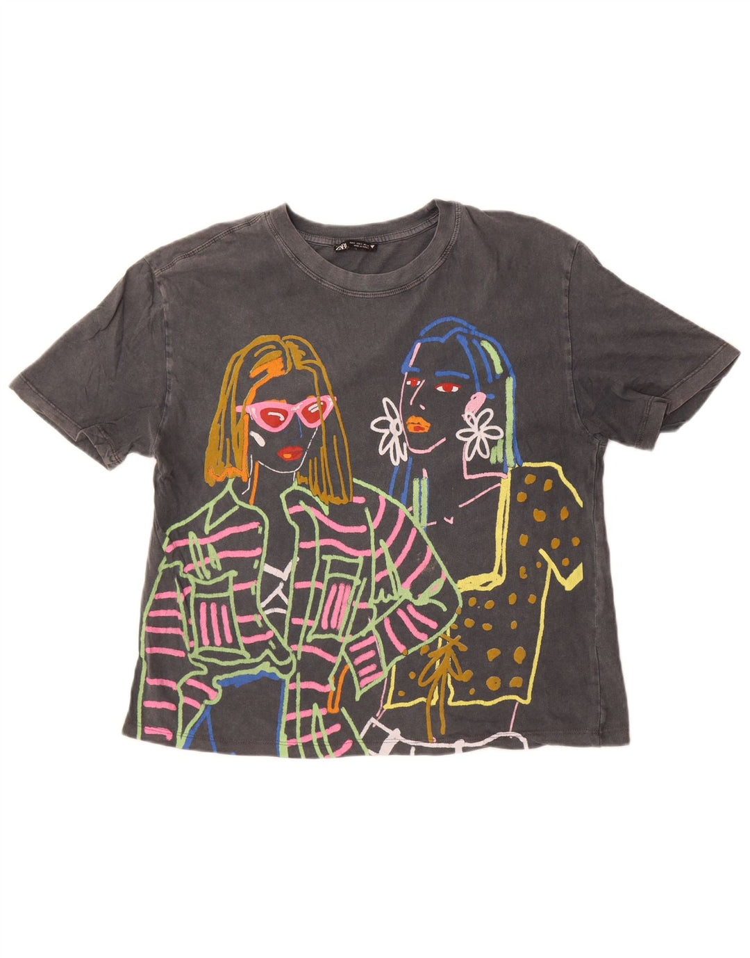 Zara Dame Oversized grafisk T-shirt Top UK 10 Lille Grå Bomuld