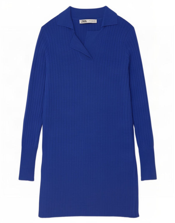 Zara langærmet polokjole til kvinder UK 10 Small Blue Viscose