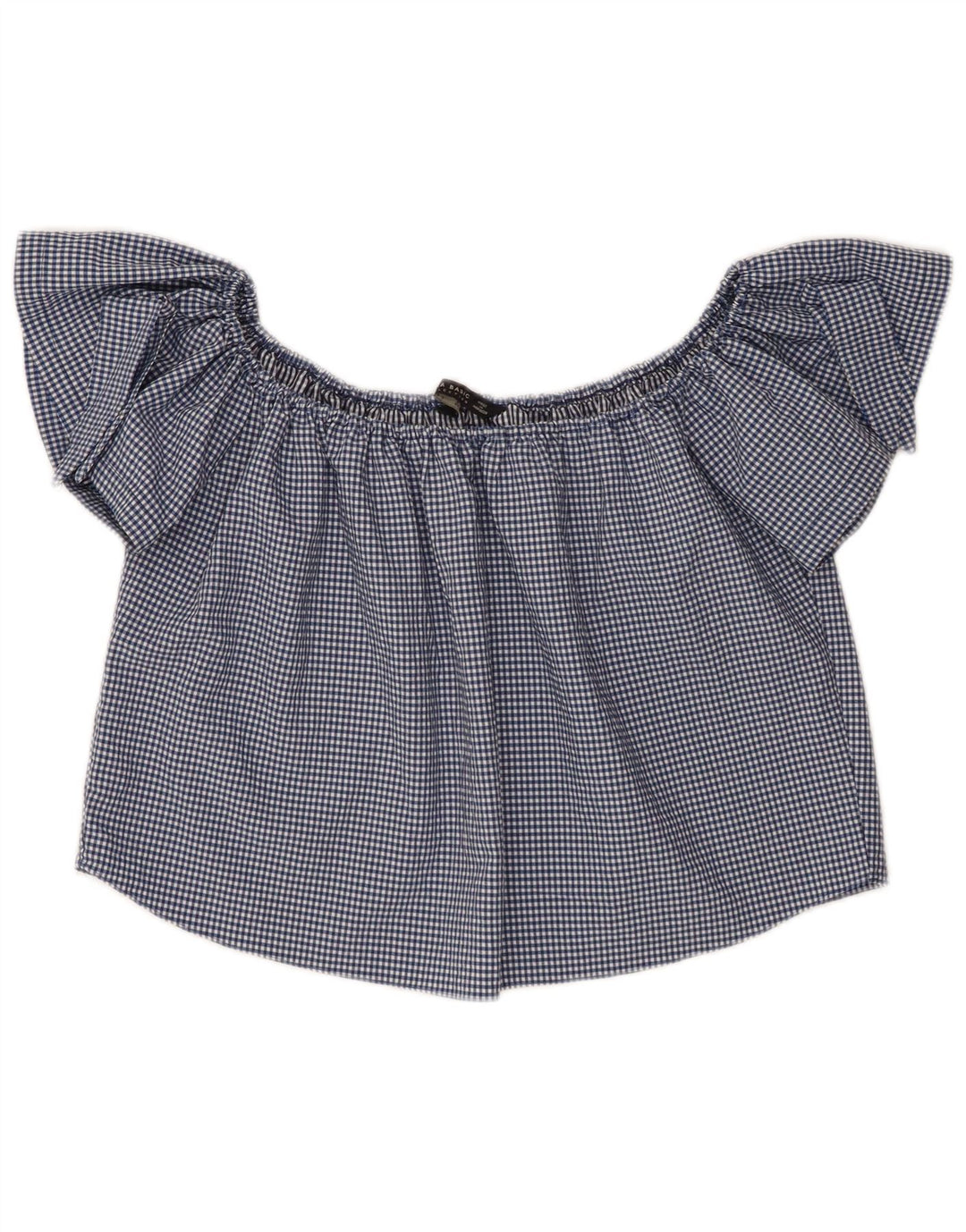 Zara Womens Crop Off Shoulder Top UK 10 Small Navy Blue Gingham