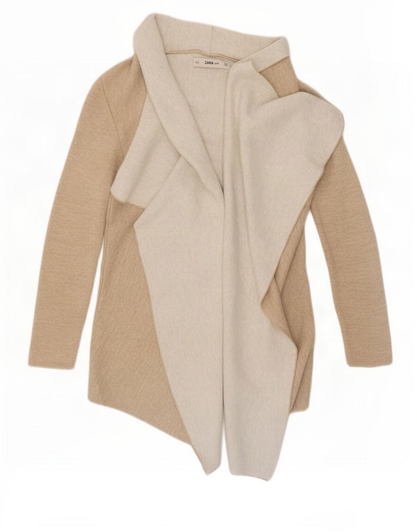 Zara Womens Open Cardigan Sweater UK 12 Medium Beige Colourblock Acrylic