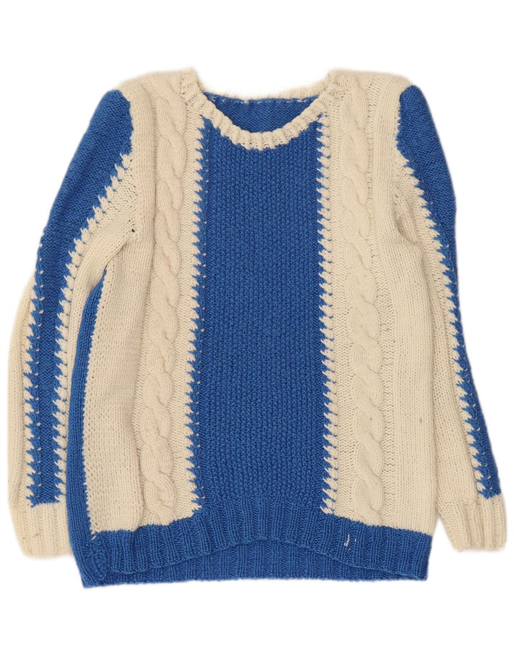 VINTAGE Dame V-hals sweater UK 10 Small Blue Colourblock