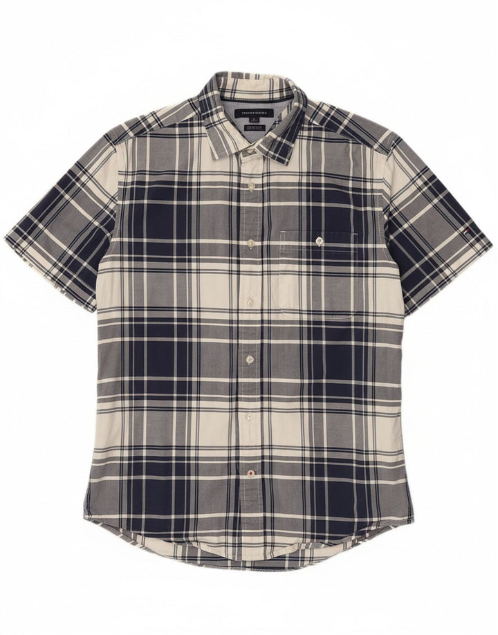 TOMMY HILFIGER Mens Custom Fit Short Sleeve Shirt Medium Navy Blue Plaid
