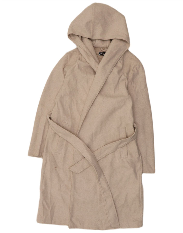 Zara Dame Hætte Overfrakke UK 12 Medium Beige Polyester