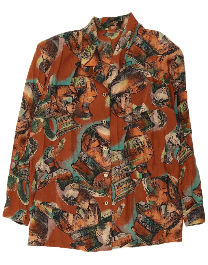 Vintage kvinders abstrakt mønster skjortebluse UK 18 XL Brun