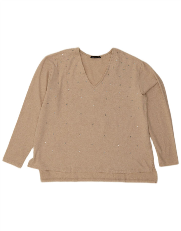 Zara Dame V-hals Sweater UK 16 Stor Beige Polyester