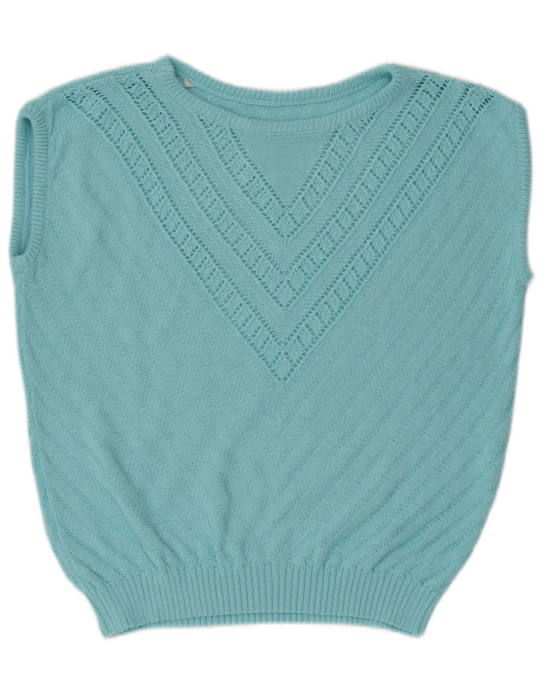 Vintage Dame Vest Tank Top IT 54 3XL Blå Geometrisk Bomuld