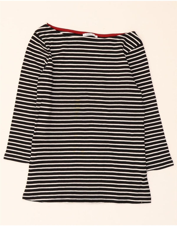 Zara Womens Crop Top 3/4 ærme UK 12 Medium Sort Stribet Nautical